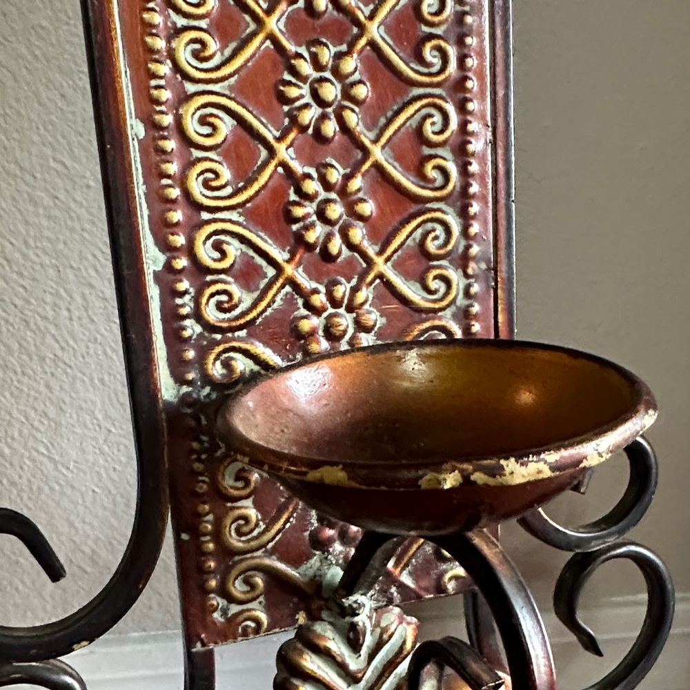 Ornate Metal Brown and Gold Patina Wall Sconces - Picture 4 of 5
